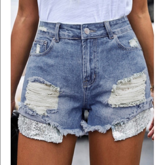 Silver Sequin Pocket Distressed Denim Shorts - Picture 3 of 5